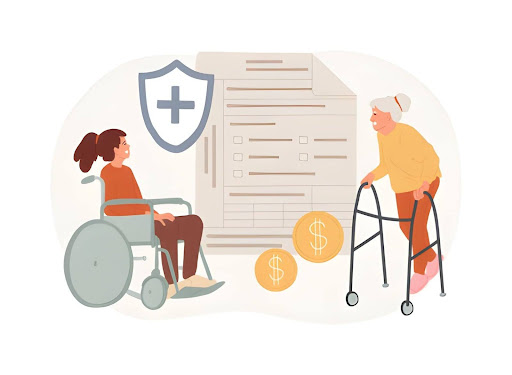 Elderly person with a walker and another person in a wheelchair review a large medical bill with a shield icon and dollar coins nearby.